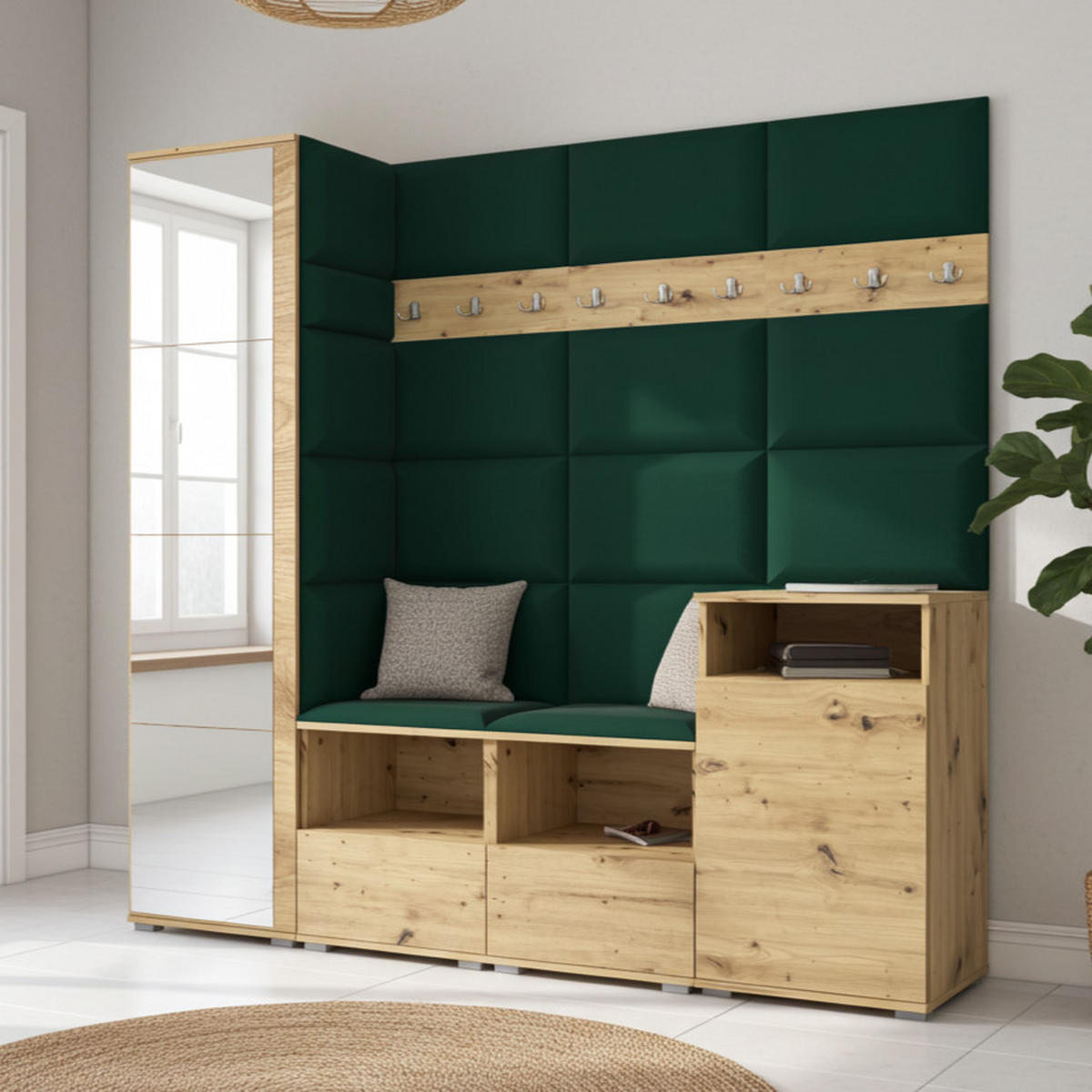 GARDEROBE NELA X 200 cm (Modulare Flurmöbel Artisan Eiche mit Spiegel & Sitzpolster Flaschengrün 28 Schrank + Sideboard) - Dunkelgrün/Silberfarben, Holz/Holzwerkstoff (200/187/40cm) - Ravio