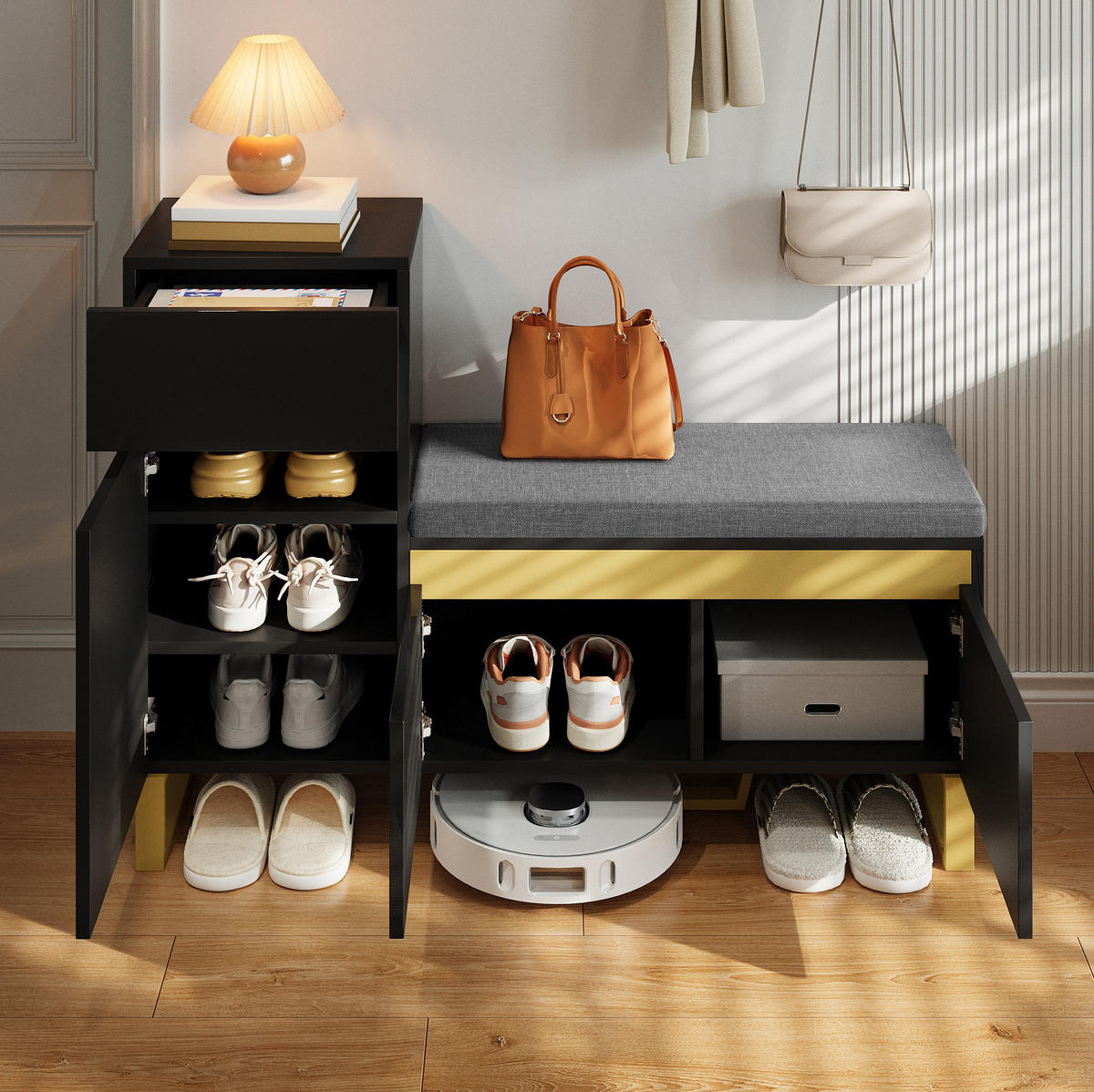 SCHUHSCHRANK mit Sitzkissen 120 x 35 x 85 cm MDF Schwarz - Schwarz, Holzwerkstoff (35/85/120cm) - Beauniv