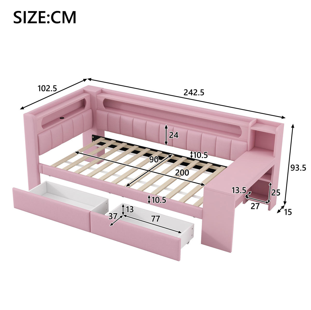 ČALÚNENÁ posteľ z MDF a preglejky 90x200 cm ružová s LED osvetlením, USB portom, písacím stolom a úložnými zásuvkami - ružová, textil (90/200cm) - Modfu