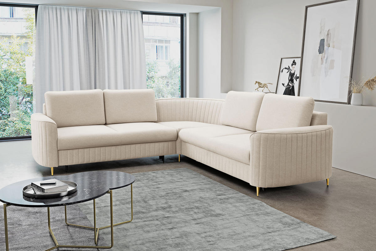 ECKSOFA LAREN, modernes Schlafsofa mit Stauraum, Plastikfüße, L-förmig, lose Rückenkissen freistehend, LINKS 251x252x85 cm Cream - Creme, Holz/Textil (251/252cm) - DomoHome