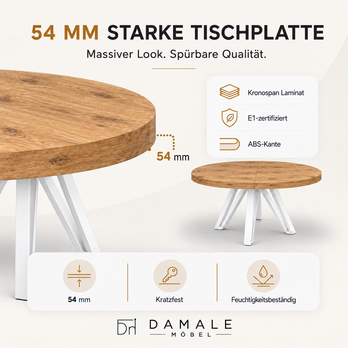 ESSTISCH rund ausziehbar 100/300/76 cm, Eiche Craft, 54 cm Tischplatte + Industrial Metallgestell Weiß - Eichefarben/Weiß, Holzwerkstoff/Metall (100/300/76cm) - Damale Möbel
