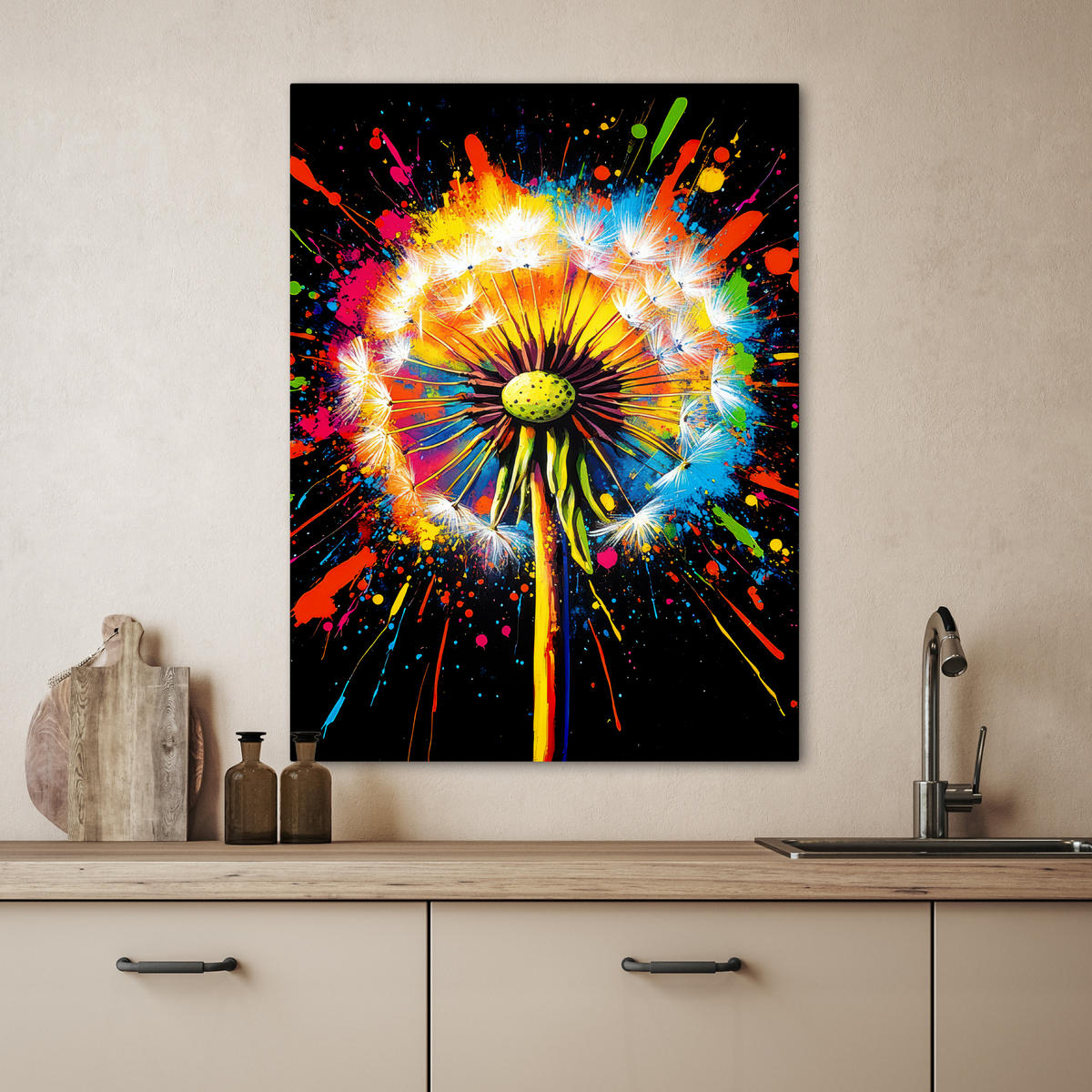 LEINWANDBILD Löwenzahn - Graffiti - Farbenfroh - Blumen - Natur 60x80 cm - Multicolor, Textil (60/80cm) - MuchoWow