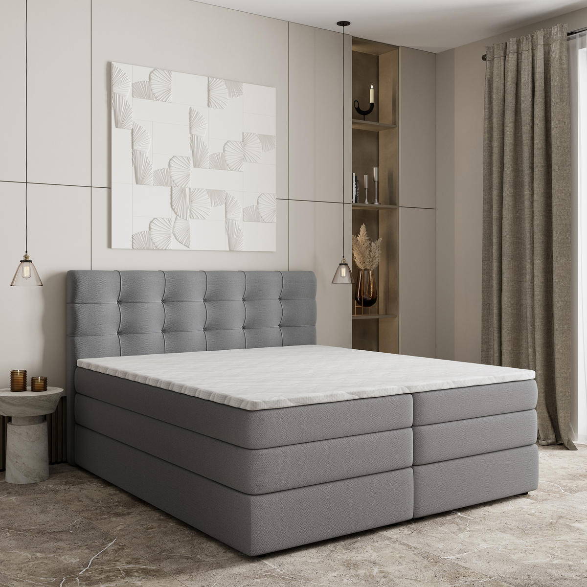 BOXSPRINGBETT AREZI 140x200 cm mit Matratze und Topper - Grau - Grau, Holz (140/200cm) - MASSENO