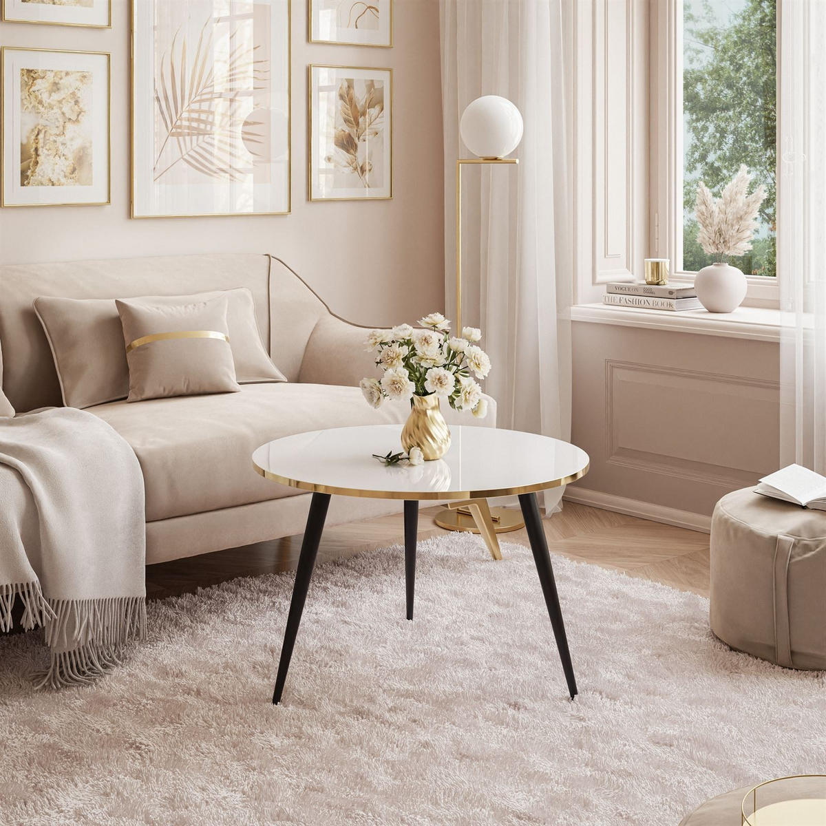 COUCHTISCH SOLEIL 2in1, rund, Hochglanz und Schwarz Beinen - Weiß, Holzwerkstoff (70/70/47cm) - Lookway