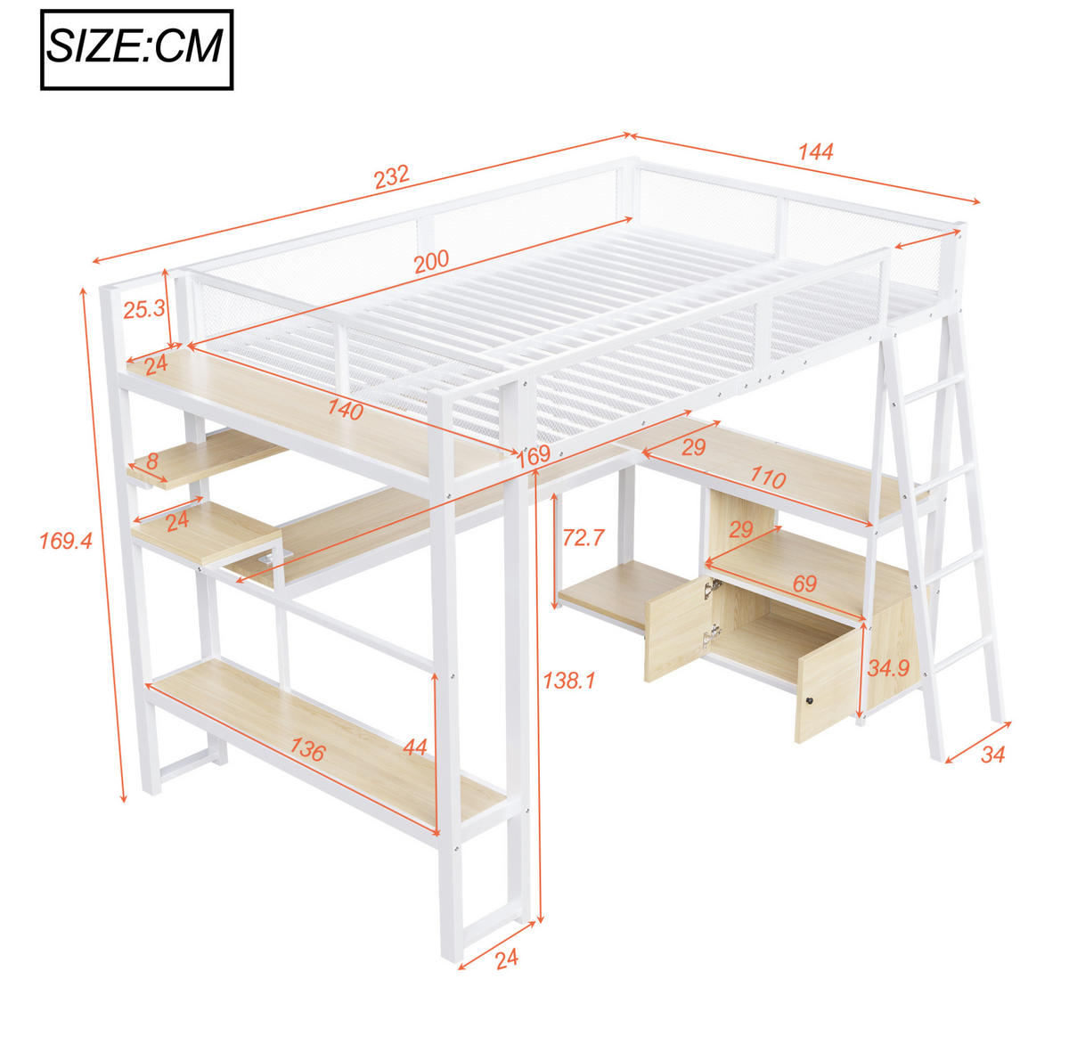 HOCHBETT aus Metall und MDF 140x200 cm Weiß mit Schreibtisch, LED-Beleuchtung, Ladestation und Stauraum - Weiß, Holzwerkstoff (140/200cm) - Modfu