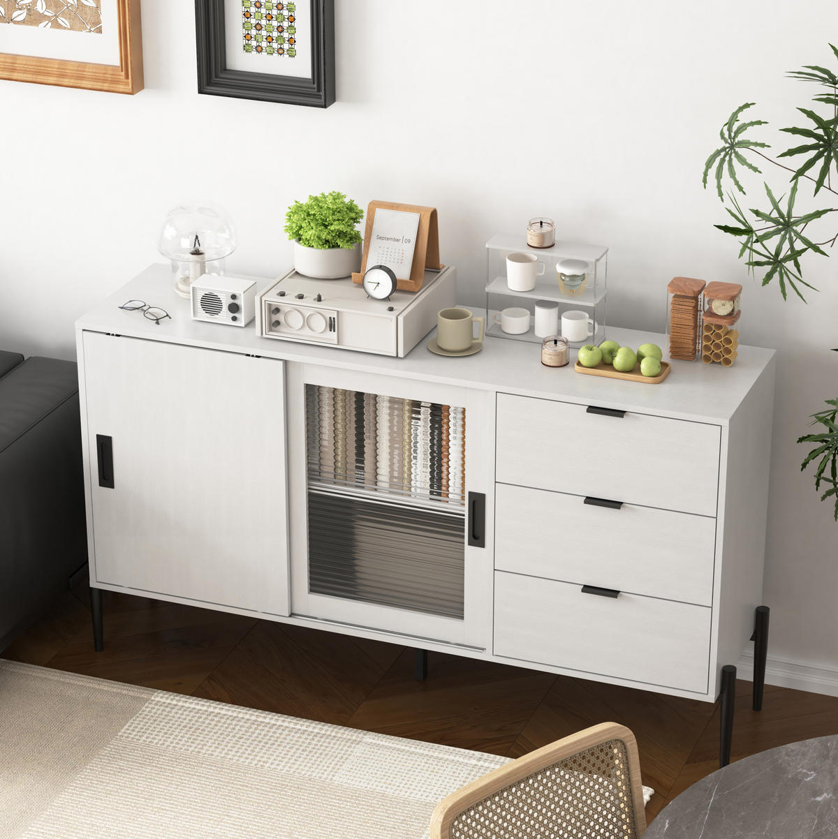 SIDEBOARD 2 Türen x 3 Schubladen, Weiß mit geripptem Glas, Konsolenschrank, eleganter Aufbewahrungs- und Ablagetisch, 155/40/91,5 cm, Weiß - Weiß, Holzwerkstoff (155/91.5/40cm) - Redom