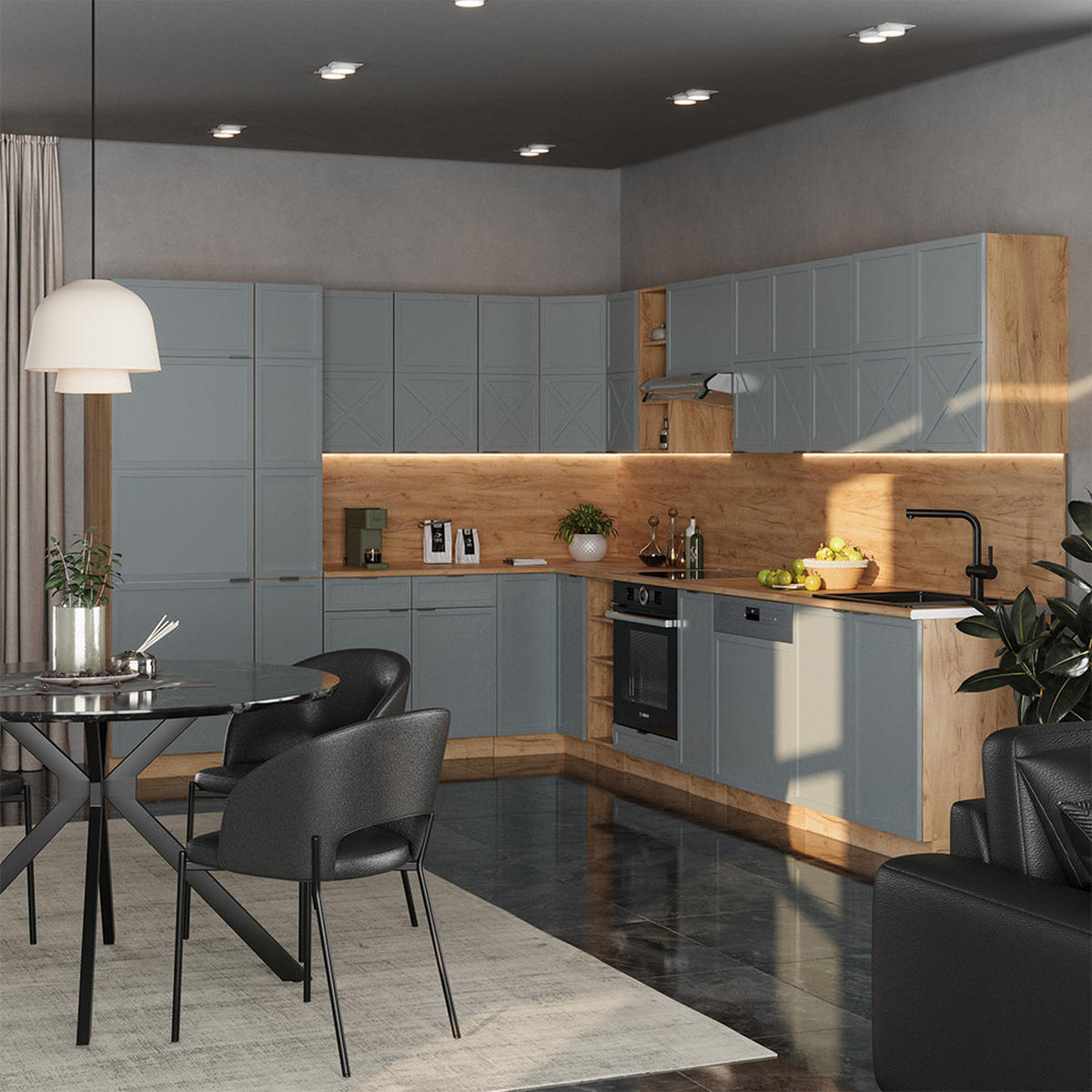 ECKKÜCHE Fame-Line Hellblau-grau/Goldkraft Eiche 347 x 257 cm ohne AP - Honigeiche/Hellblau, Holzwerkstoff (347/81.6/46cm) - Vicco