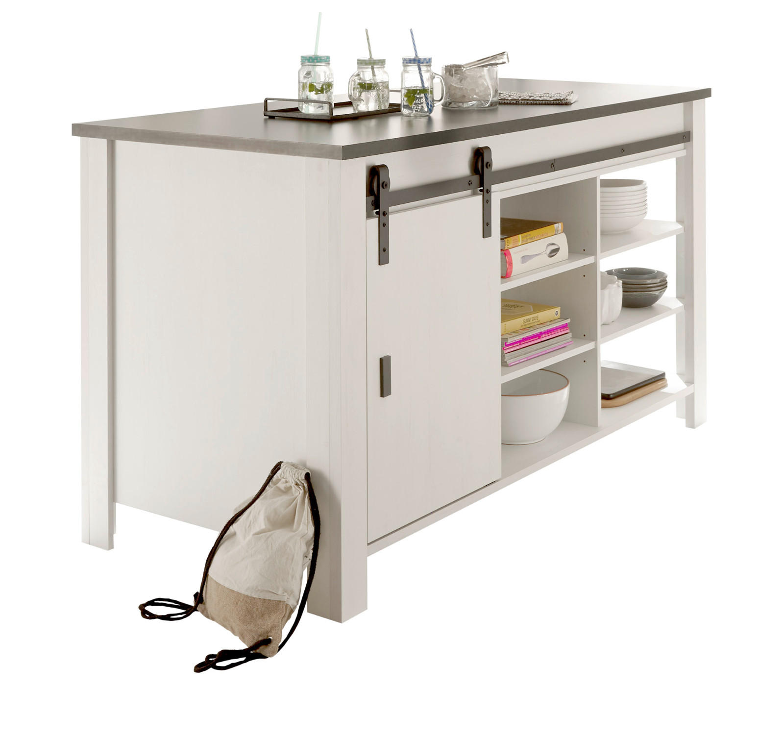 KÜCHENINSEL weiß Pinie, anthrazit Landhaus 162 cm, Kochinsel freistehend - Anthrazit/Schwarz, Holzwerkstoff/Metall (162/93/77cm) - Furn.Design