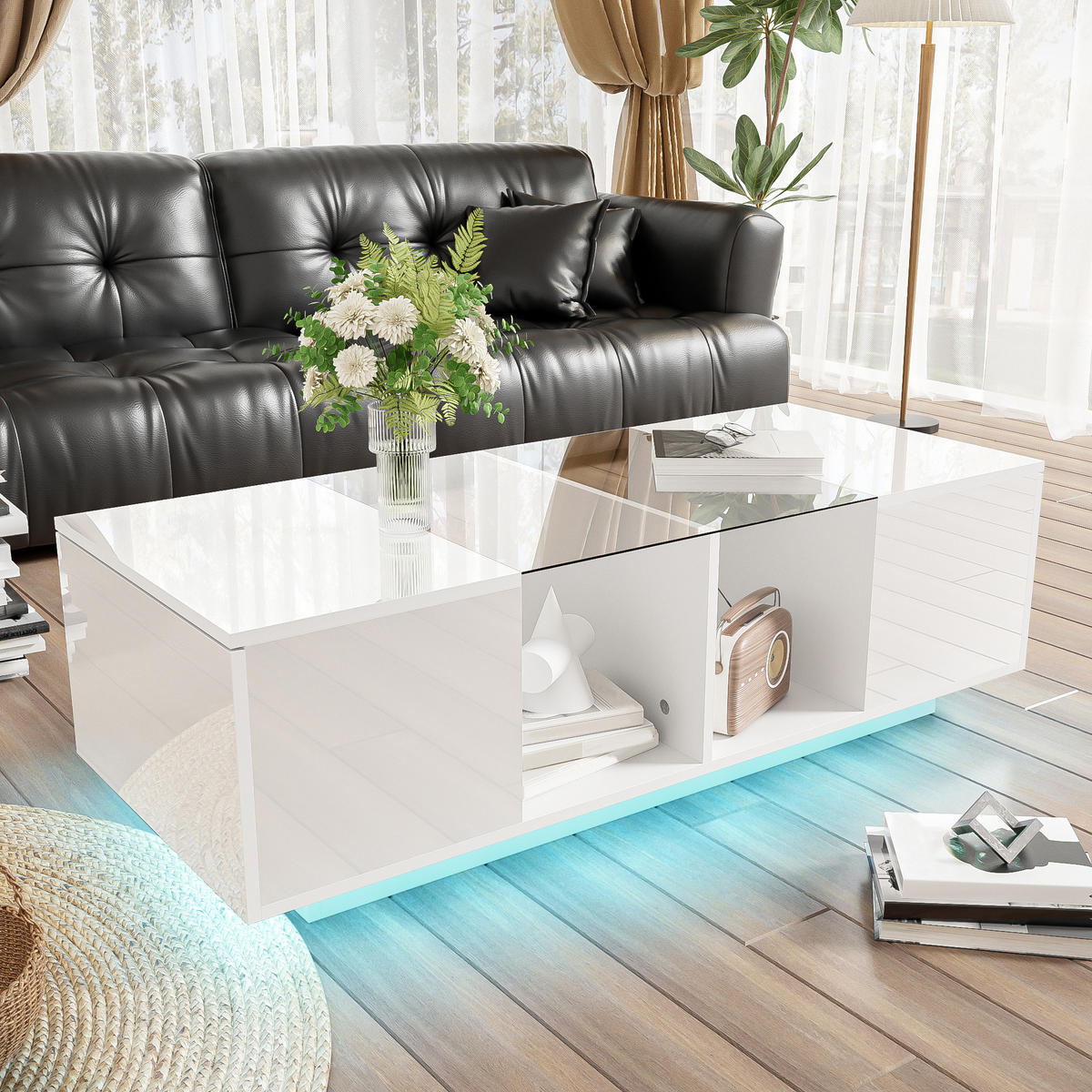 COUCHTISCH in Weiß mit LED-Beleuchtung und Hochglanz-Tischplatte für Wohnzimmer, B120/T50/H38,5 cm - Weiß, Glas/Holzwerkstoff (50/120/38.5cm) - STILVORA