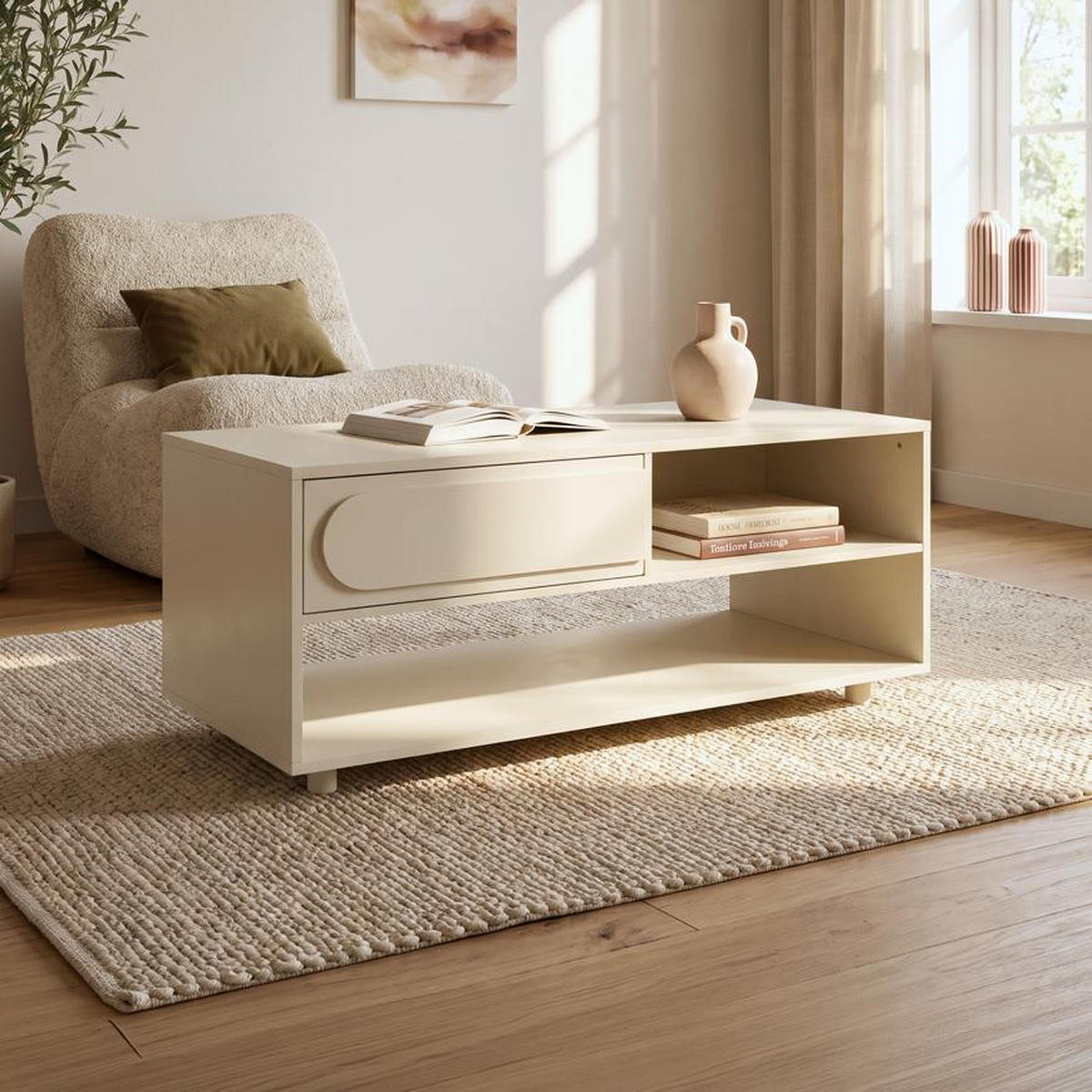COUCHTISCH FLORA, beige, 110 cm, 1 Schublade, Melaminoberfläche - Beige, Holzwerkstoff (45/110/50cm) - Casanoov