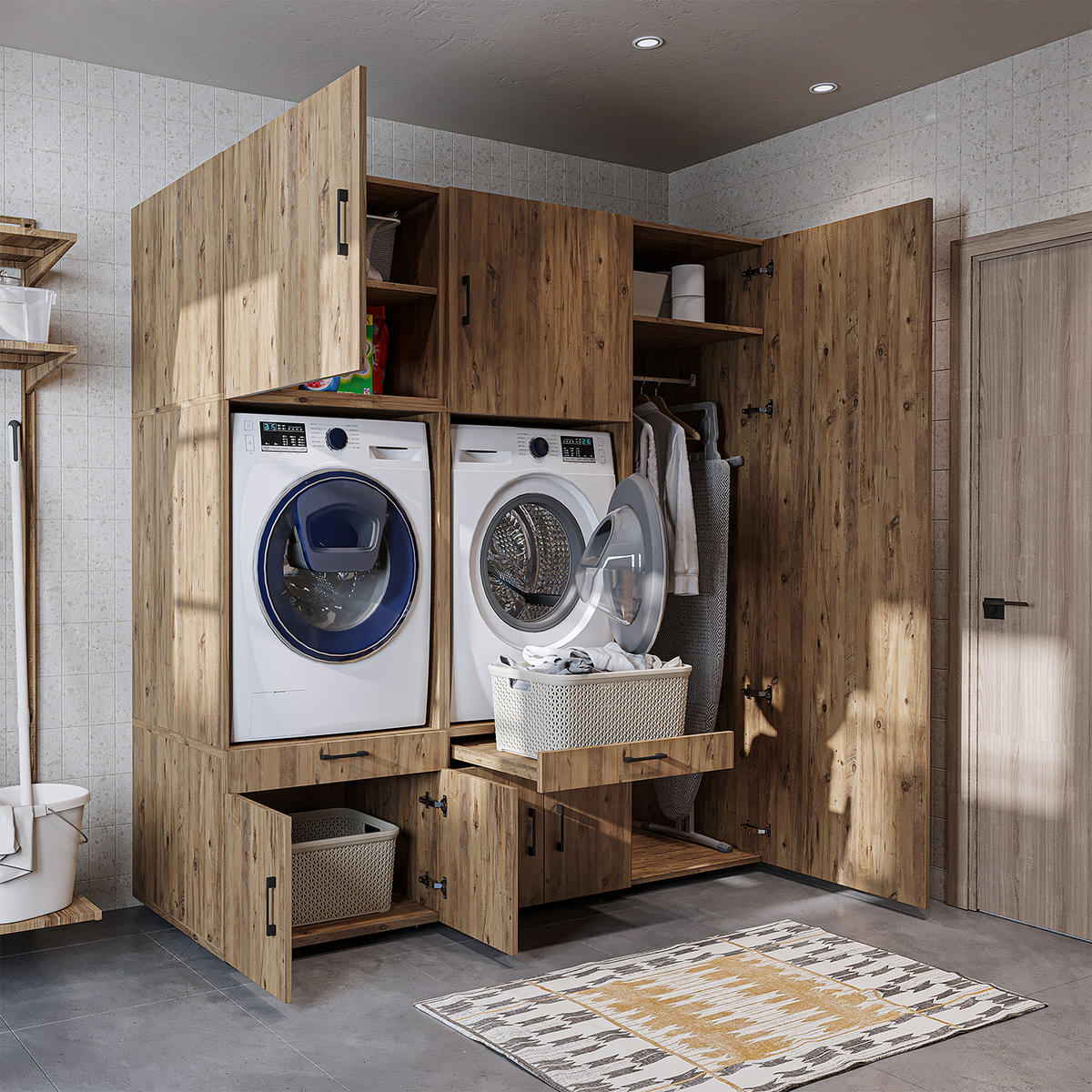 WASCHMASCHINENSCHRANK Serie 3 194cm Breit, 205cm Hoch - Eichefarben, Holzwerkstoff (194/205/67cm)
