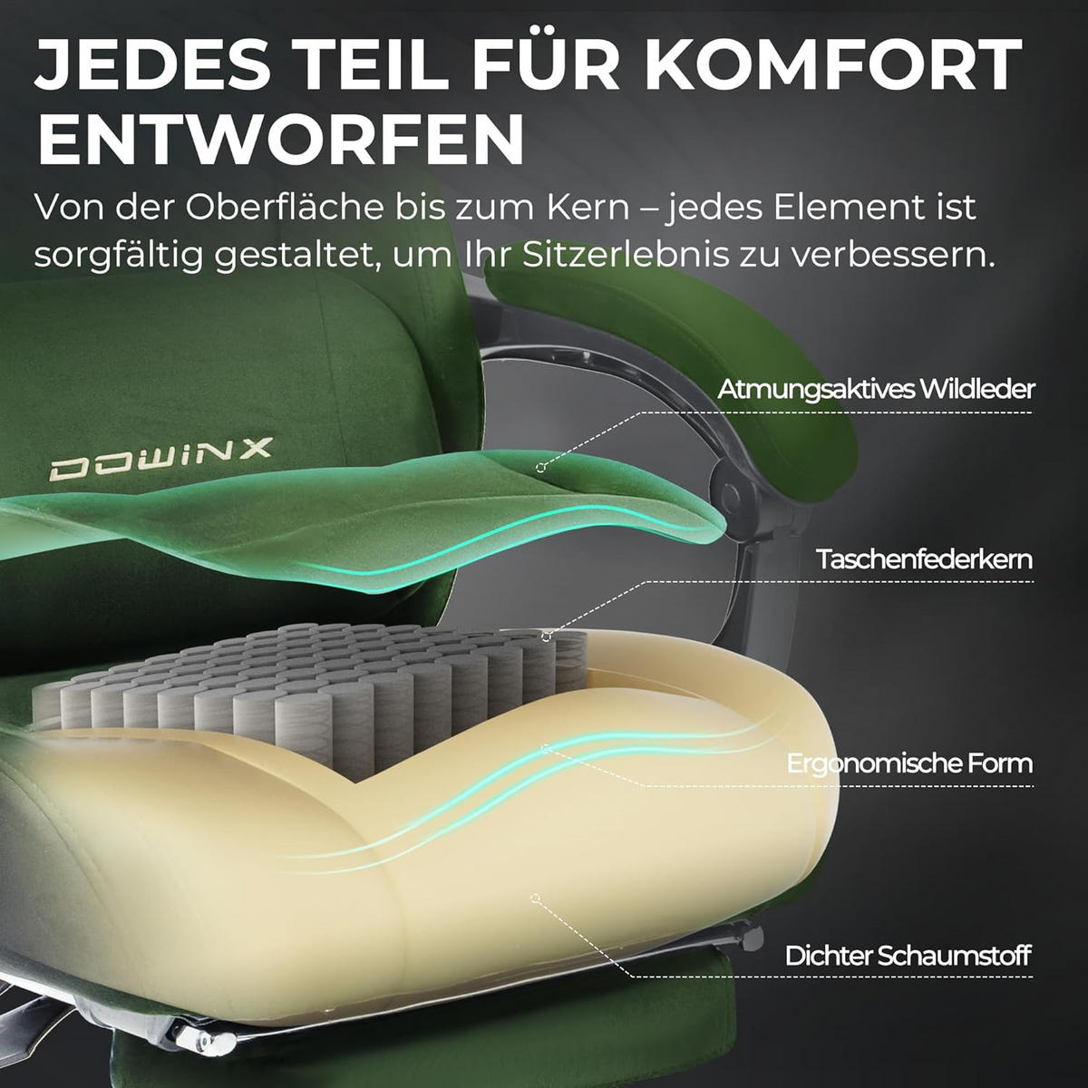 GAMING-STUHL Mikrofaser-Velours & Lendenkissen, Fußstütze 160° Neigbar - Grün, Leder (70/132/70cm)