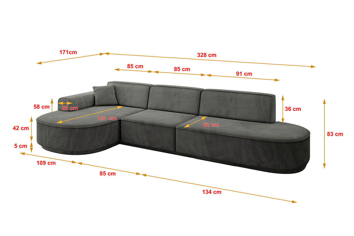 ECKSOFA Ottomane Links MARI-L2-v3 - 328x171x83 cm Dunkelgrau Velours - Dunkelgrau/Schwarz, Holzwerkstoff/Kunststoff (328/171cm) - ALTDECOR