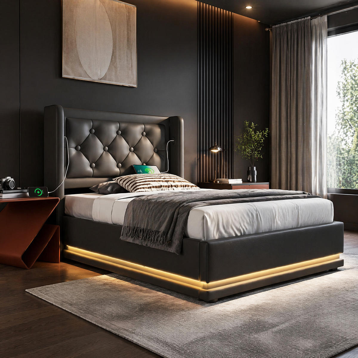 POLSTERBETT 90/200 mit Bettkasten, 3-seitiger LED-Beleuchtung und USB Type-C in Schwarz - Schwarz, Holzwerkstoff/Textil (90/200cm) - EVRYAE