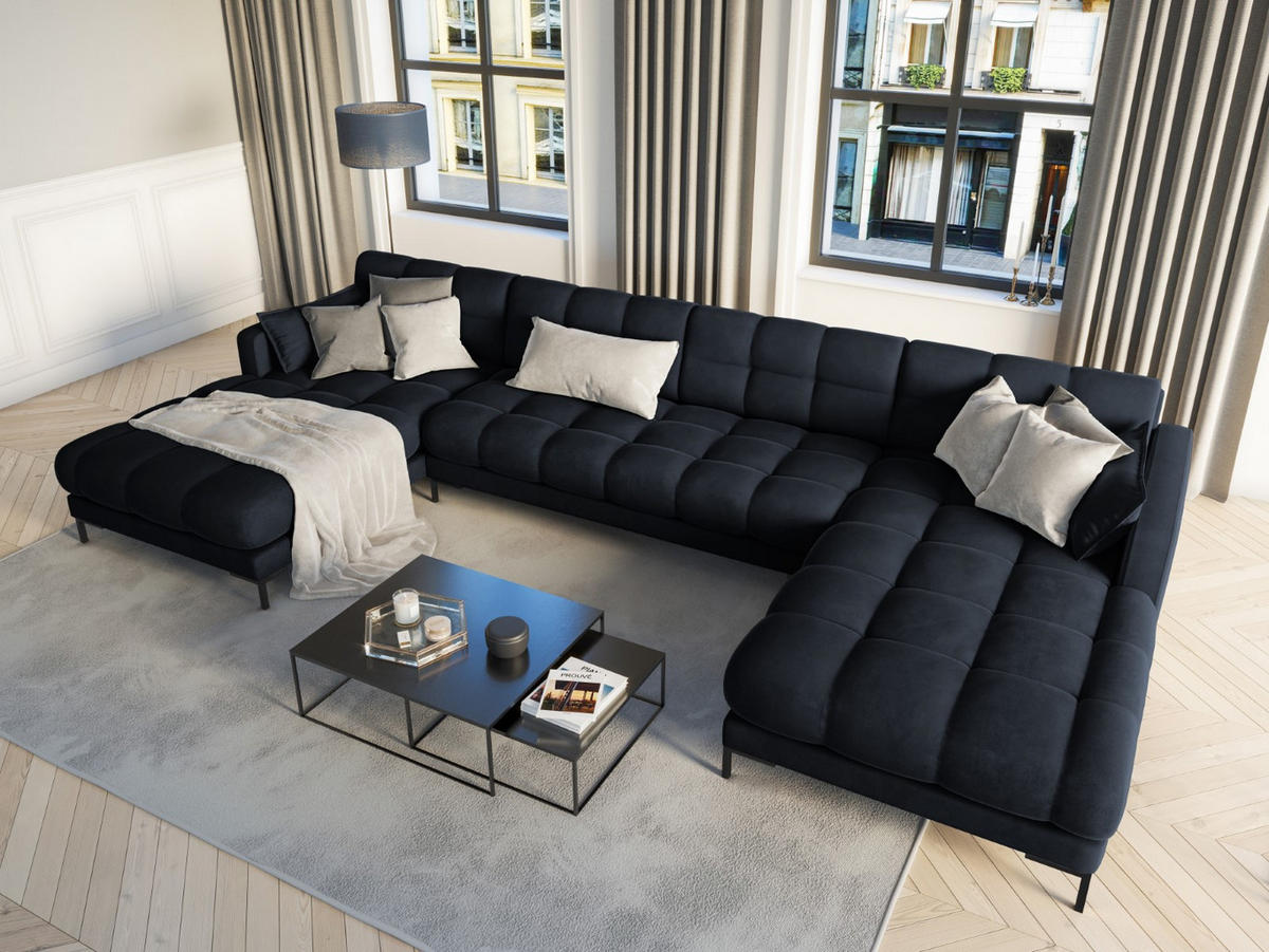 PANORAMASOFA Mamaia aus Samt dunkelblau 6 Sitzplätze - Dunkelblau, Textil (185/75/383cm) - Micadoni