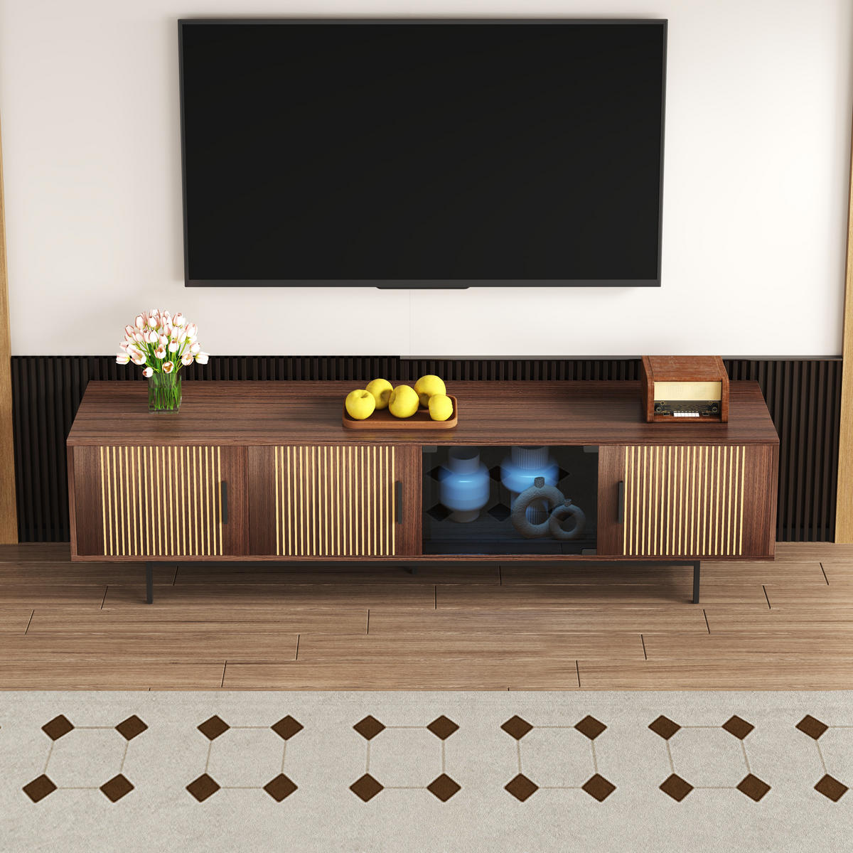 TV-ELEMENT200X35X53CM WalnussBraun Lowboard mit LEDLichtleiste und Glastür - Schwarz, Holz (42.19/24.61/62cm) - Raelunyi