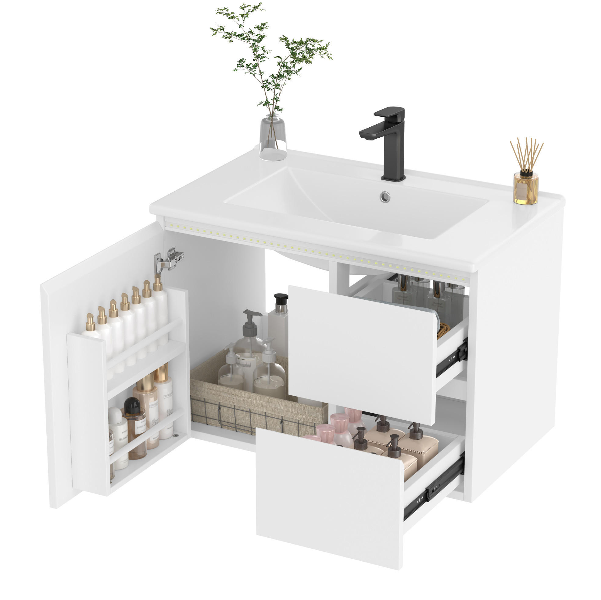 Modfu KOUPELNOVÁ skříňka s umyvadlem z MDF 76x46x50 cm bílá s keramickým umyvadlem, LED radarovým osvětlením a závěsným provedením