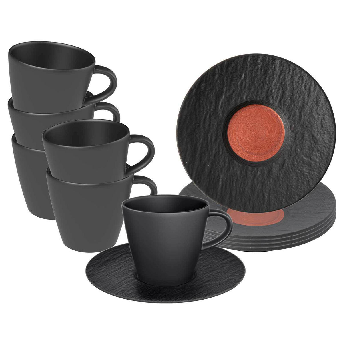KAFFEETASSEN MIT UNTERTASSEN Manufacture Rock Glow schwarz 150 ml 6er Set - Schwarz, Keramik (15.4/9.2/15.4cm) - Villeroy & Boch