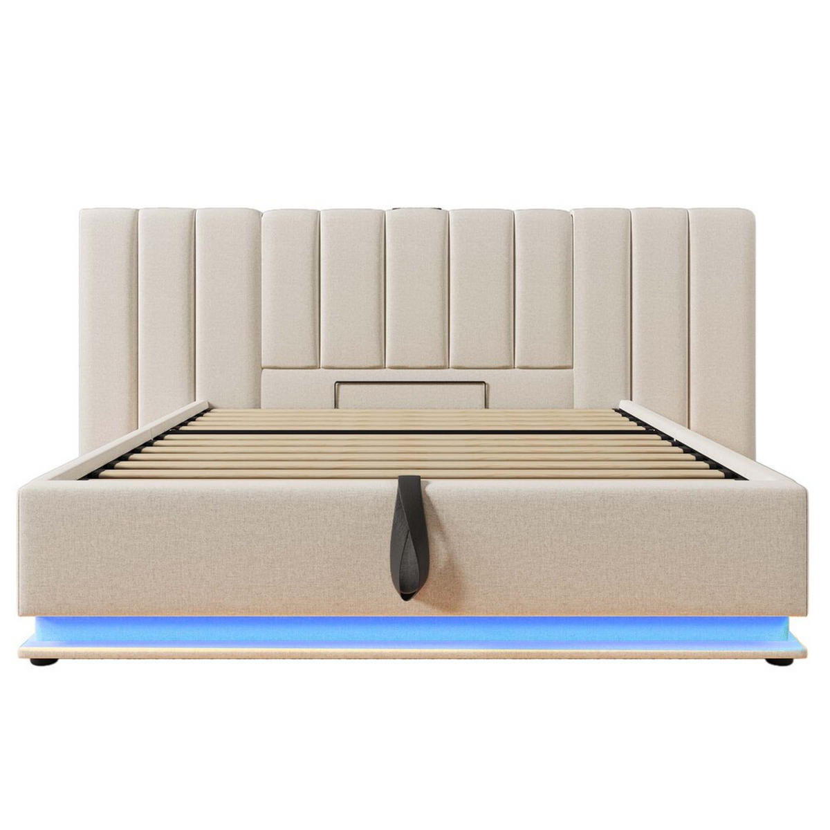 POLSTERBETT 160x200cm Doppelbett App-LED USB-C Stauraum Beige Leinen - Beige, Holz - FLIEKS