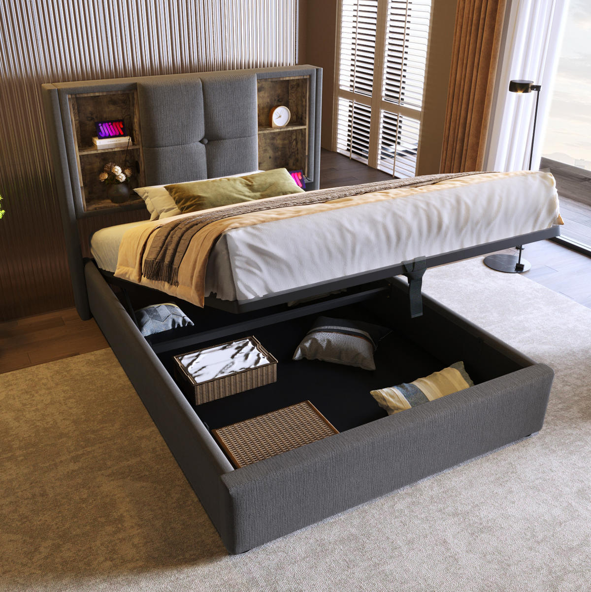 POLSTERBETT 90/200 cm Grau mit Stauraum, Matratze und Wireless Charging - Grau, Textil (90/200cm) - Flora Grace