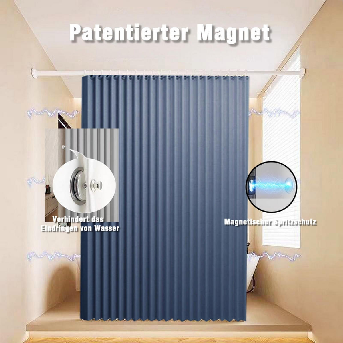 DUSCHVORHANG Blau magnetisch Leinen waschbar schnell trocknend schimmelresistent blickdicht für Badewanne oder Dusche - Blau, Textil (100/200cm) - MCBOSON