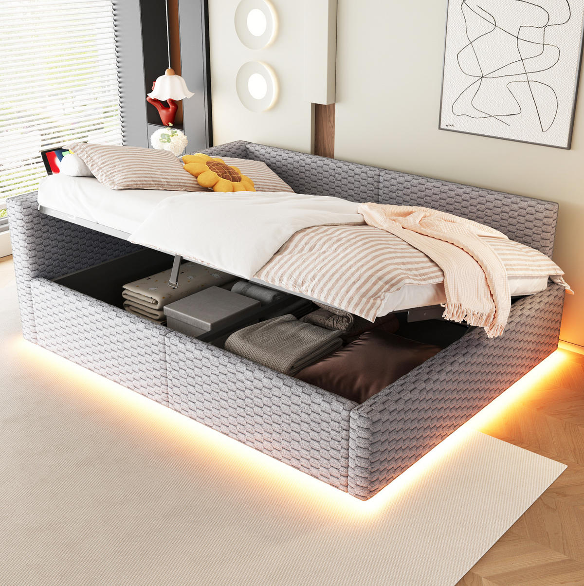 TAPECIRANI krevet 140/200 cm s LED osvjetljenjem, USB i Type-C priključkom te hidrauličnim spremištem, Siva - siva, tekstil (140/200cm) - Redom