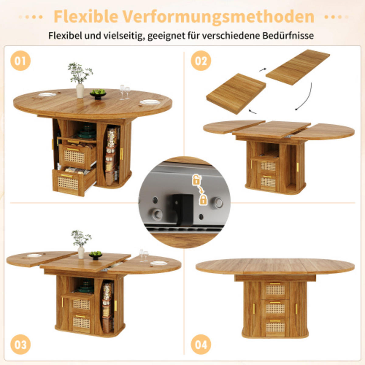 ESSTISCH Ausziehbarer 118-158×118×77,1 cm aus MDF und Metall mit Rattan-Schubladen, eichefarben - Eichefarben, Holzwerkstoff (158/118/77.1cm) - Luhomfu
