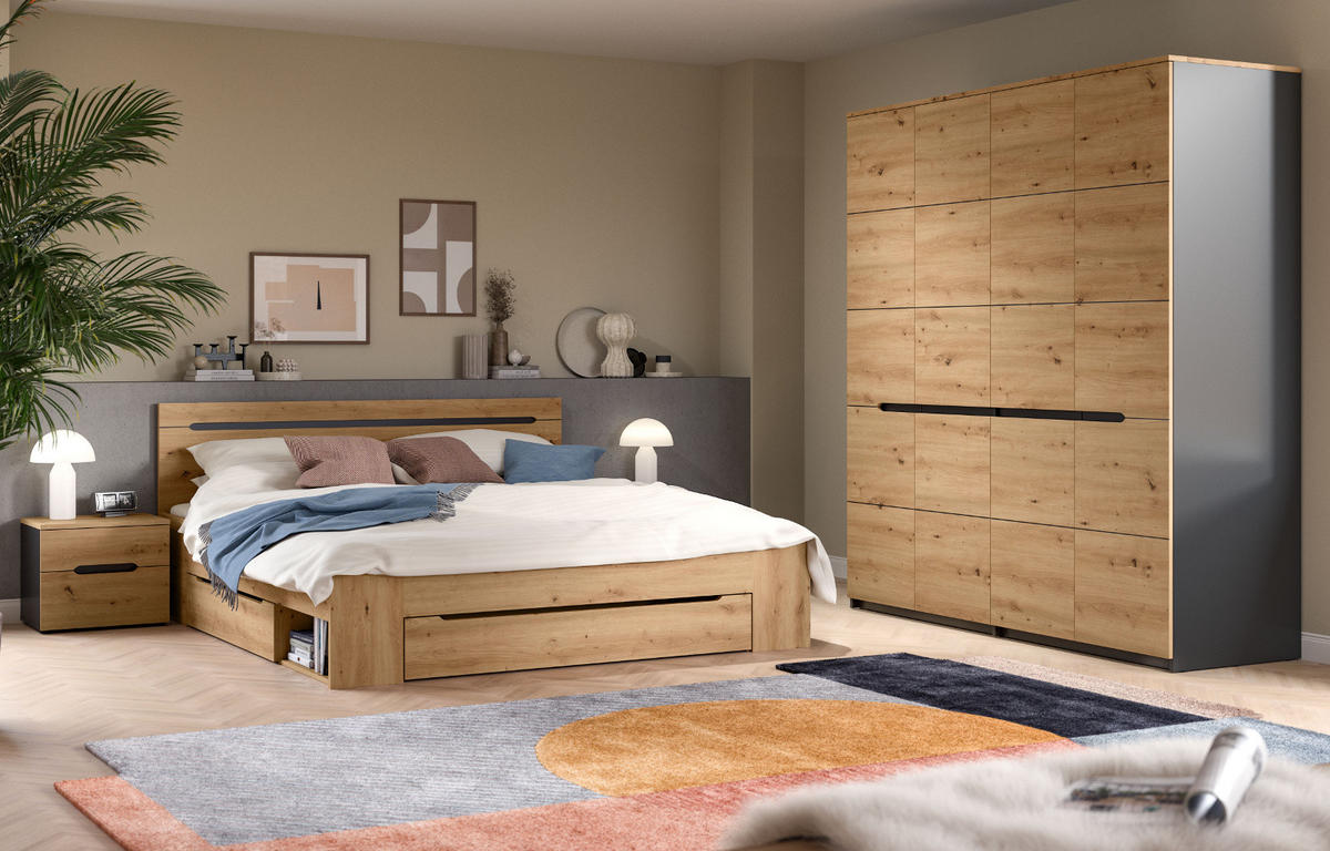 SCHLAFZIMMER Set 4-teilig Eiche Artisan, grau, Komplettset mit großem Kleiderschrank - Eiche Artisan/Grau, Holzwerkstoff/Metall - Inn.Furn