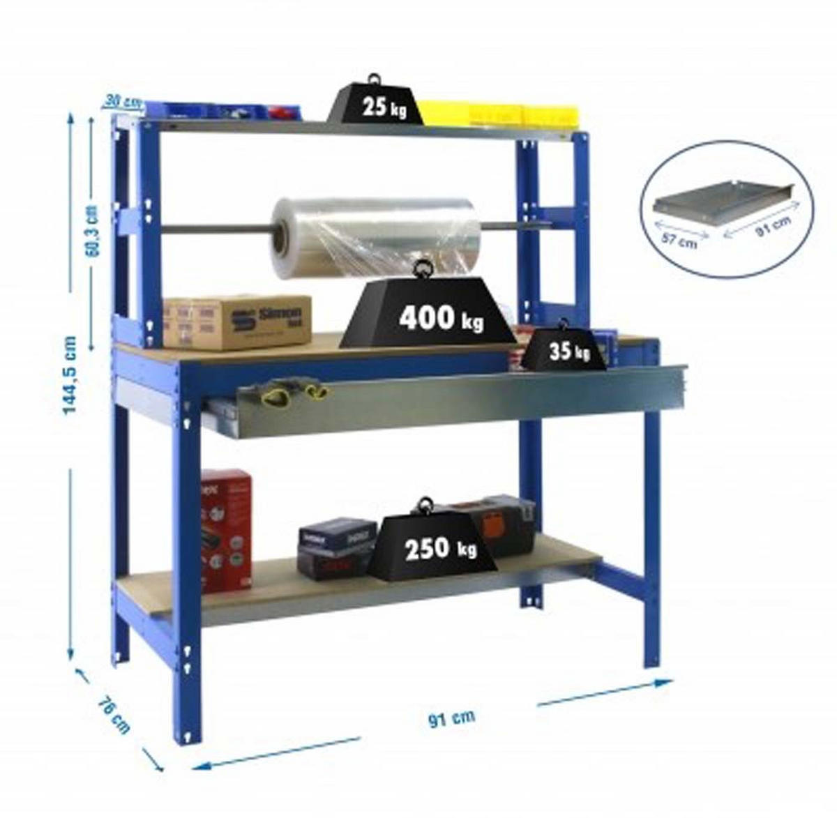 PACKTISCH BUFFALO mit Schubfach | HxBxT 84x90x76cm | Traglast 400kg | Blau - Blau, Metall (90/84/76cm) - PROREGAL