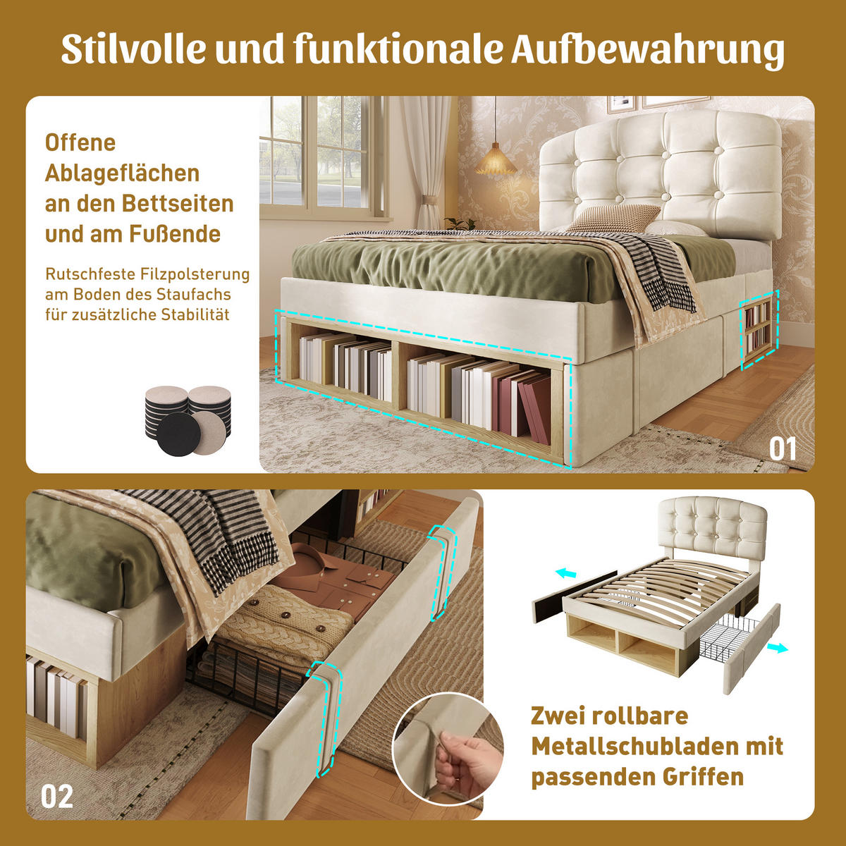 POLSTERBETT 90/200 cm Beige mit 2 Schubladen und Stauraum - Beige, Textil (90/200cm) - Oxeza