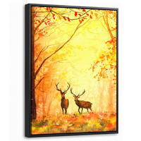 LEINWAND Bilder mit Rahmen - Natur - Ölfarbe - Hirsche - Tiere - Herbst - Orange - 30x40 - Orange, Textil (30/40cm) - MuchoWow