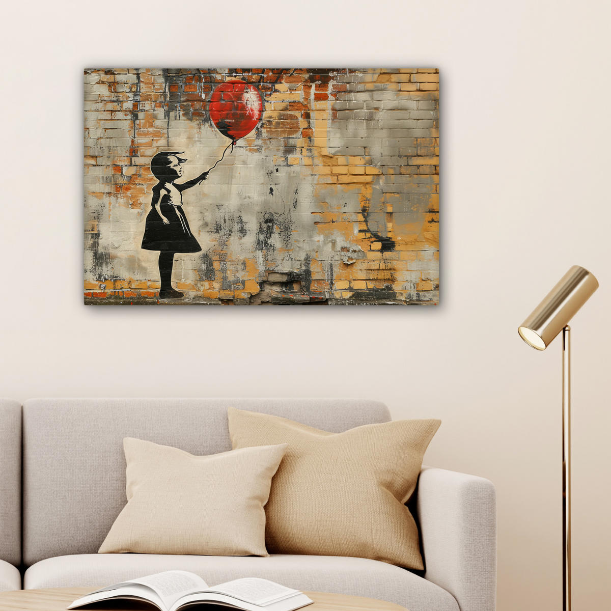 LEINWANDBILD Graffiti - Banksy - Mädchen - Straßenkunst Wanddeko 90x60 cm - Sandfarben, Textil (90/60cm) - MuchoWow