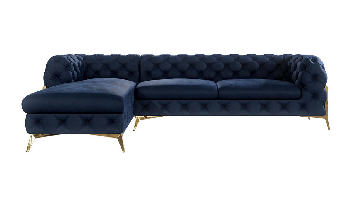 ECKSOFA Chesterfield Lexi Marineblau Samt, Ottomane links - Goldfarben/Dunkelblau, Holz/Textil (305/200cm) - S-Style Möbel