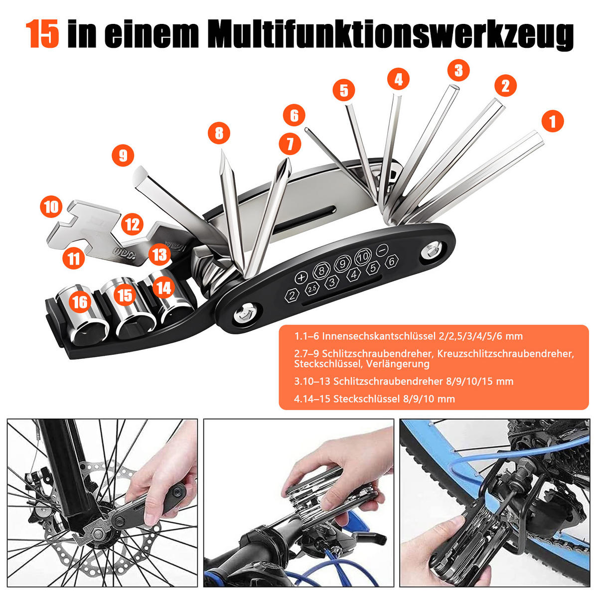 FAHRRADZUBEHÖR Set 8in1, Sattel, LED-Licht, Handyhalter & Werkzeug - Schwarz, Textil (25/10/20cm)