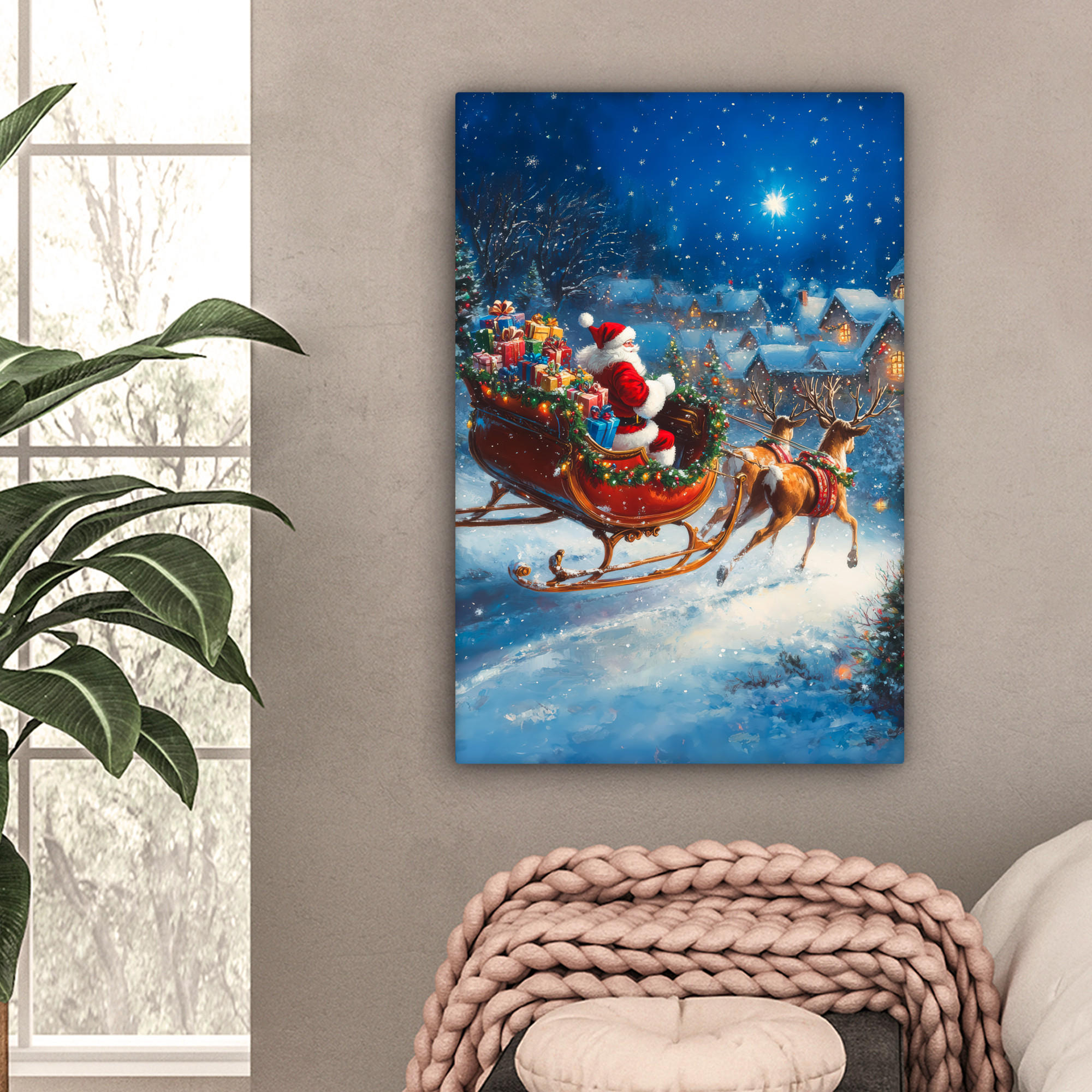 LEINWANDBILD Weihnachtsmann - Rentier - Weihnachten - Schnee 40x60 cm - Cognac, Textil (40/60cm) - MuchoWow