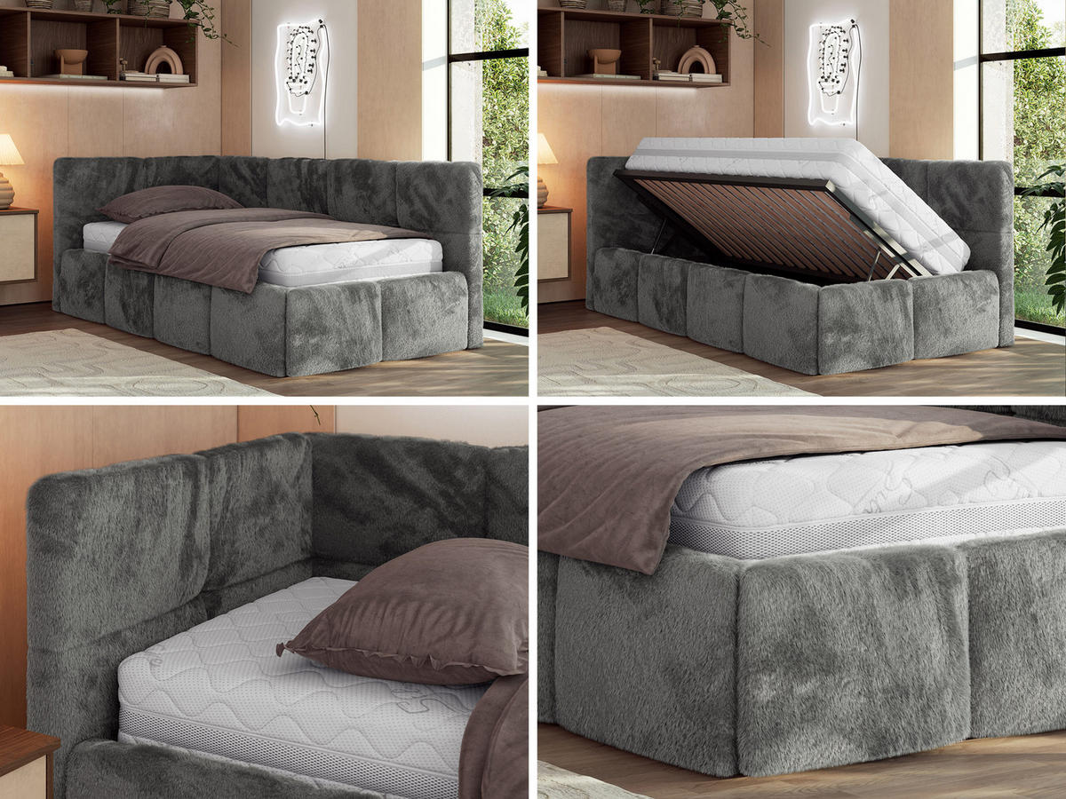 JUGENDBETT ARVO 90/200 - Dunkelgrau Plüsch - Pocket-Matratze - Links Seite - Dunkelgrau, Textil (90/200cm) - MKS