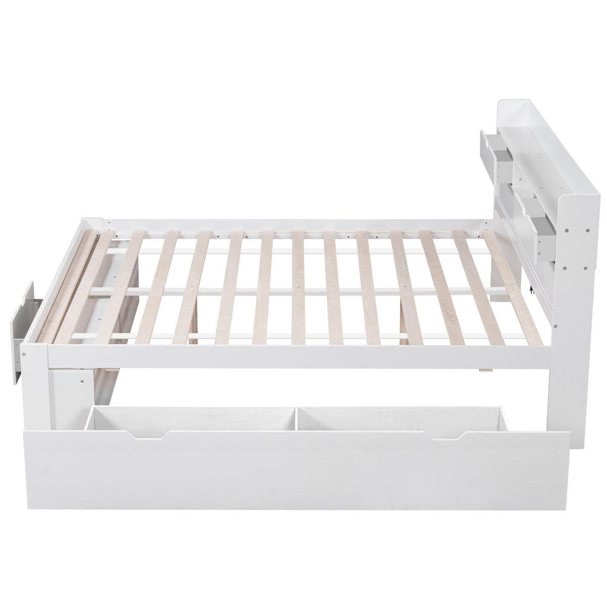 JUGENDBETT 140/200 cm aus Kiefer mit USB-Anschluss und großem Stauraum Weiß - Weiß, Holzwerkstoff (140/200cm) - Modenvie