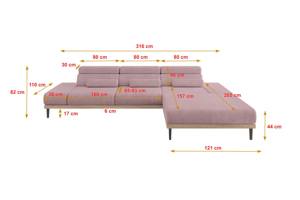 ELEKTRISCHES ECKSOFA Rechts MONA 316x205x85 Rosa Cord - Rosa, Holzwerkstoff/Textil (316/205cm) - ALTDECOR