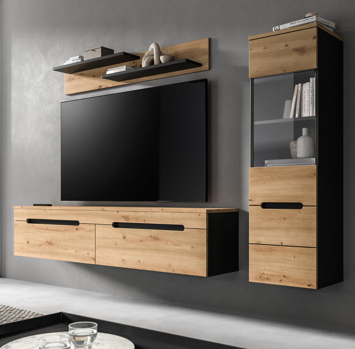 WOHNWAND Eiche Artisan, grau, Kombination 3-teilig 220 cm hängend oder stehend, Soft-Close, Cooper - Schwarz/Eiche Artisan, Glas/Holzwerkstoff (221/141/33cm) - Inn.Furn