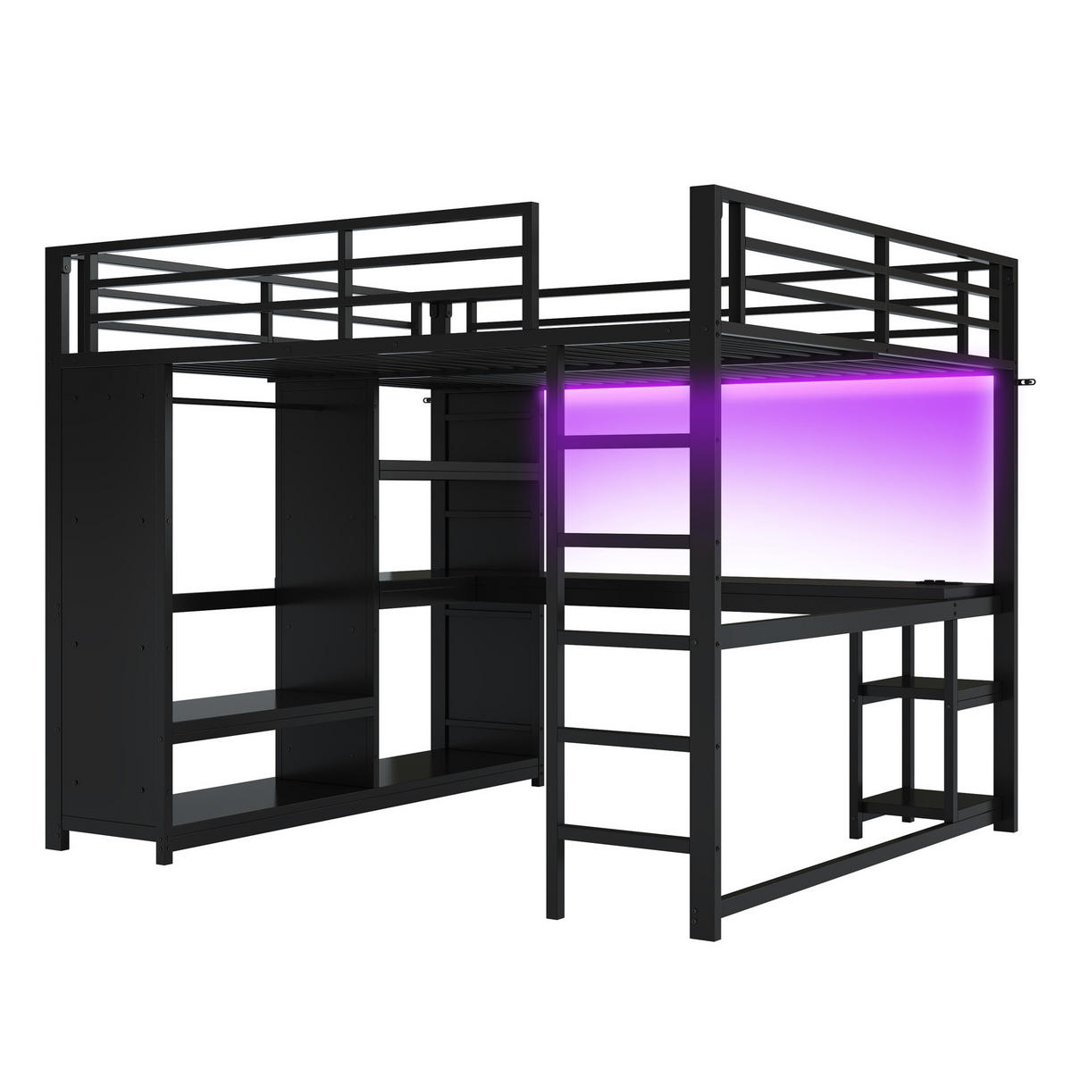 HOCHBETT mit Schreibtisch 160/200 cm in Schwarz – mit Kleiderschrank und LED - Schwarz, Metall (160/200cm) - BEAOK