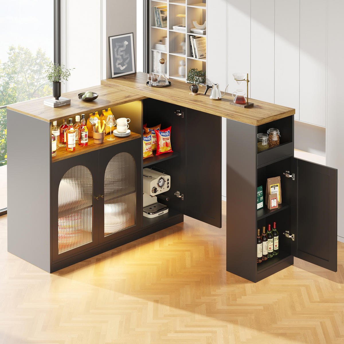 BAROVÝ stůl z MDF 197/39,6/100 cm s otočnou deskou 360°, LED osvětlením a skleněnými dvířky, Černá - černá, kompozitní dřevo (39.6/97/108cm) - Redom