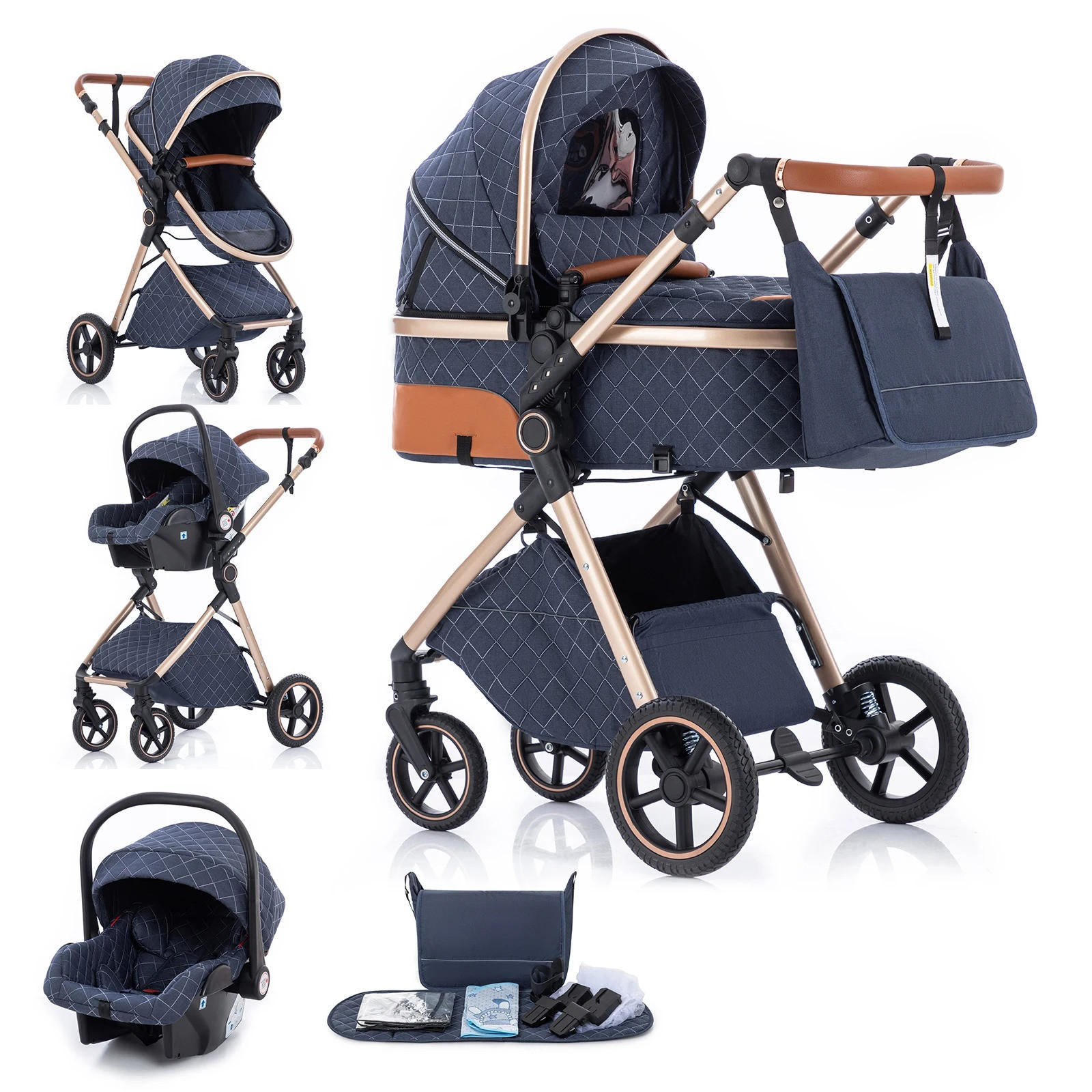 KINDERWAGENSET 3-in-1, tragbarer, klappbar, V8-Rastermuster BLAU - Blau, Metall (80/60cm) - Kaket