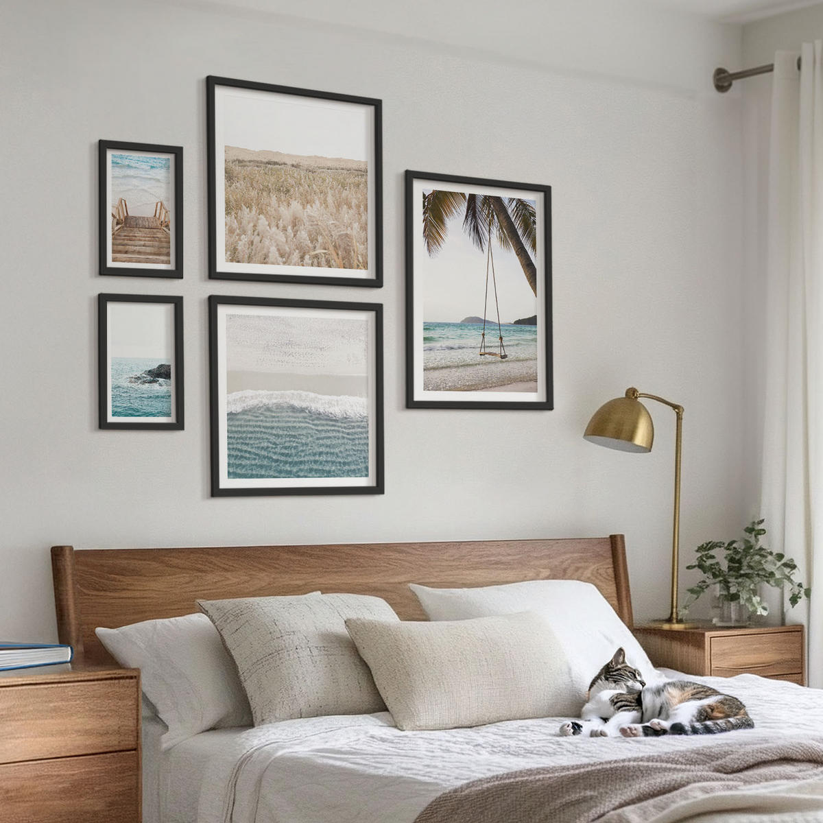 WANDBILDER 5er-Set - 50x50 cm & 20x30 cm & 40x60 cm Schwarzer Rahmen - Treppe, Strand, Meerblick, Schaukel - Schwarz, Kunststoff (40/60cm) - ArtPrintCave