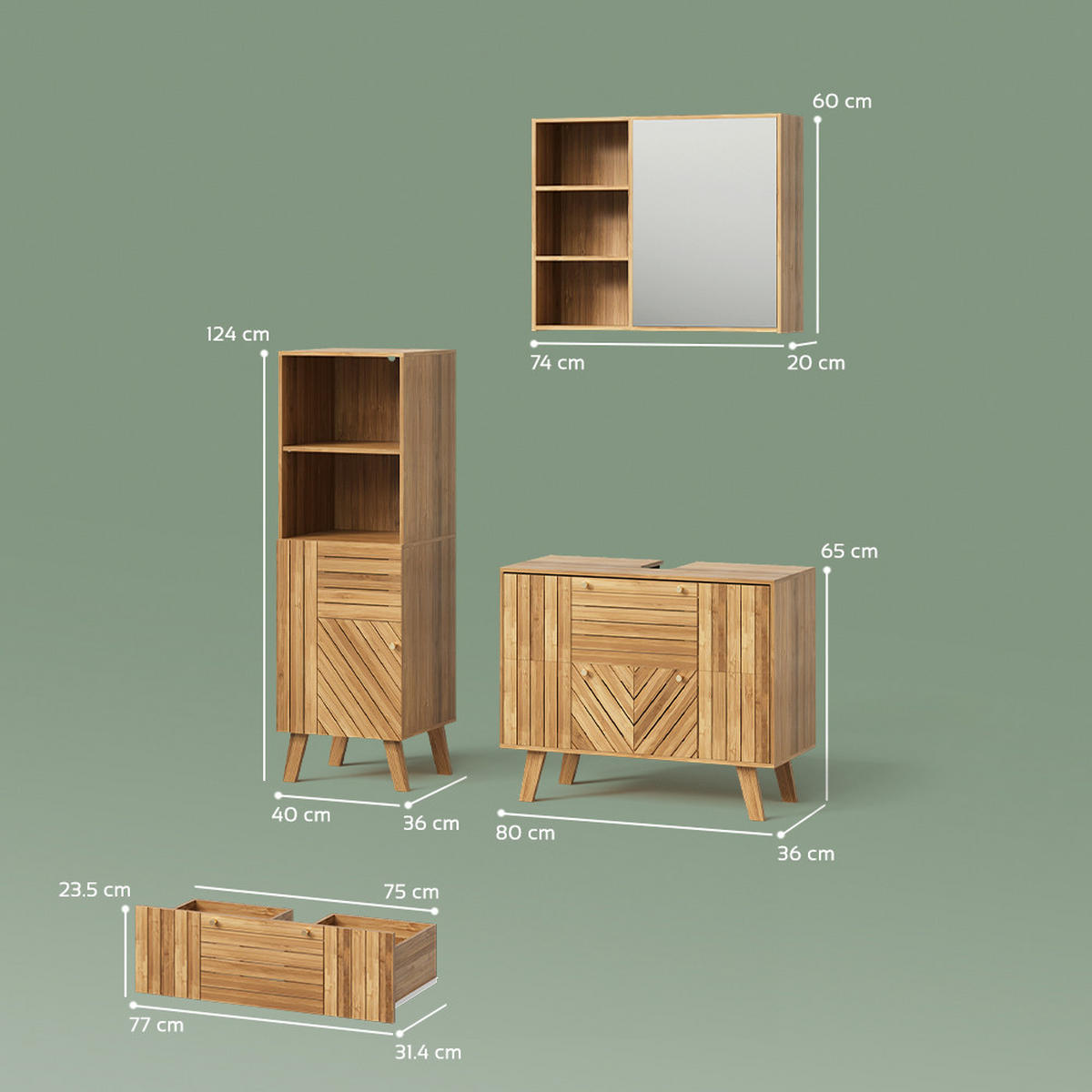 SÚPRAVA KÚPEĽŇOVÉHO NÁBYTKU Olona, Bambus, 3-dielna - prírodná farba, kompozitné drevo (80/65/36cm) - Livinity®