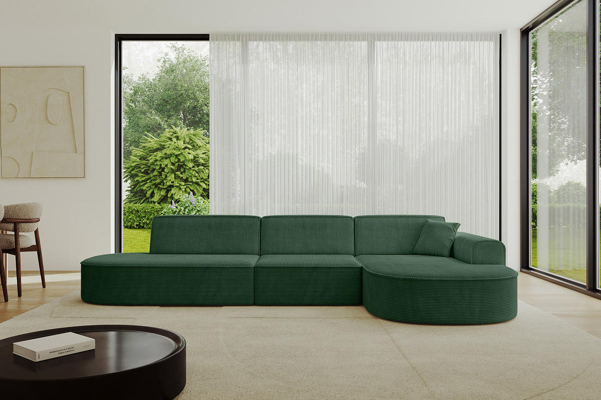 ECKSOFA Ottomane Rechts MARI-L2 - 317x163x73,5 cm Grün Cord - Schwarz/Grün, Holzwerkstoff/Kunststoff (317/163cm) - ALTDECOR