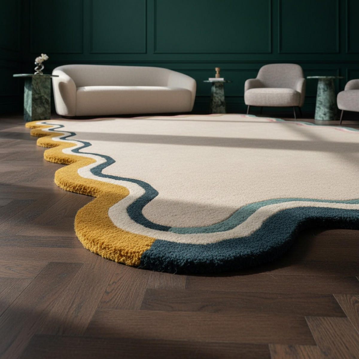 WOLLTEPPICH Wellenbordüre-Design, pastell handgetuftet WINCH, Multi 160x230 cm - Beige, Textil (160/230cm) - KADIMA DESIGN