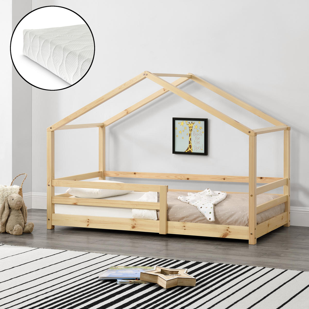 HAUSBETT Knätten mit Matratze - Naturfarben, Holz/Textil (90/200cm) - [en.casa]