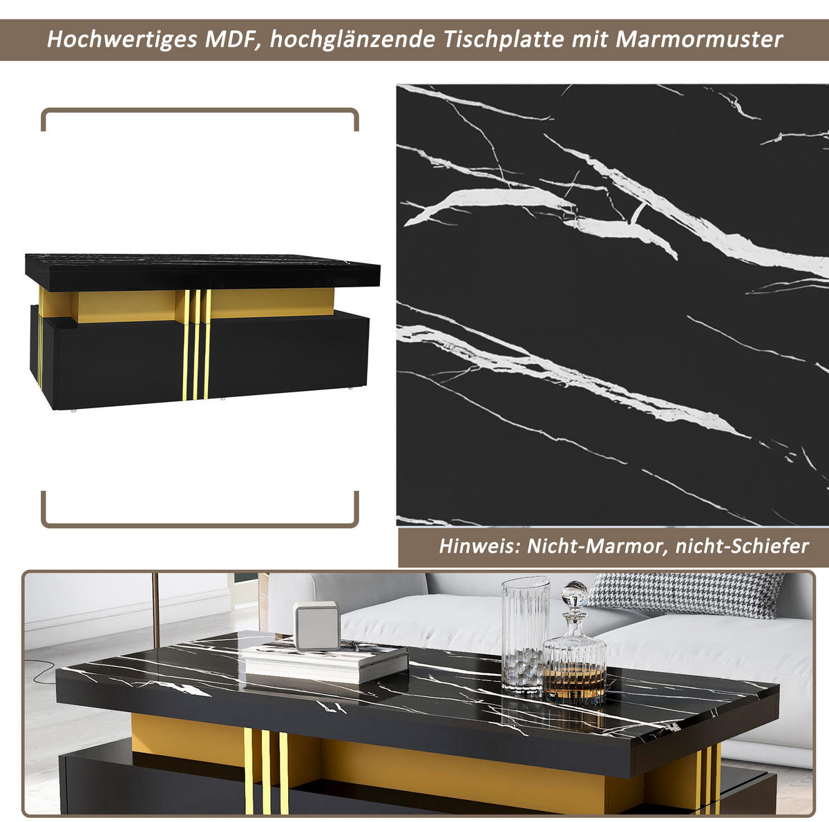 COUCHTISCH aus Spanplatte 100x50x40 cm in Schwarz mit 2 Schubladen - Schwarz, Holzwerkstoff (100/50/40cm) - Modfu