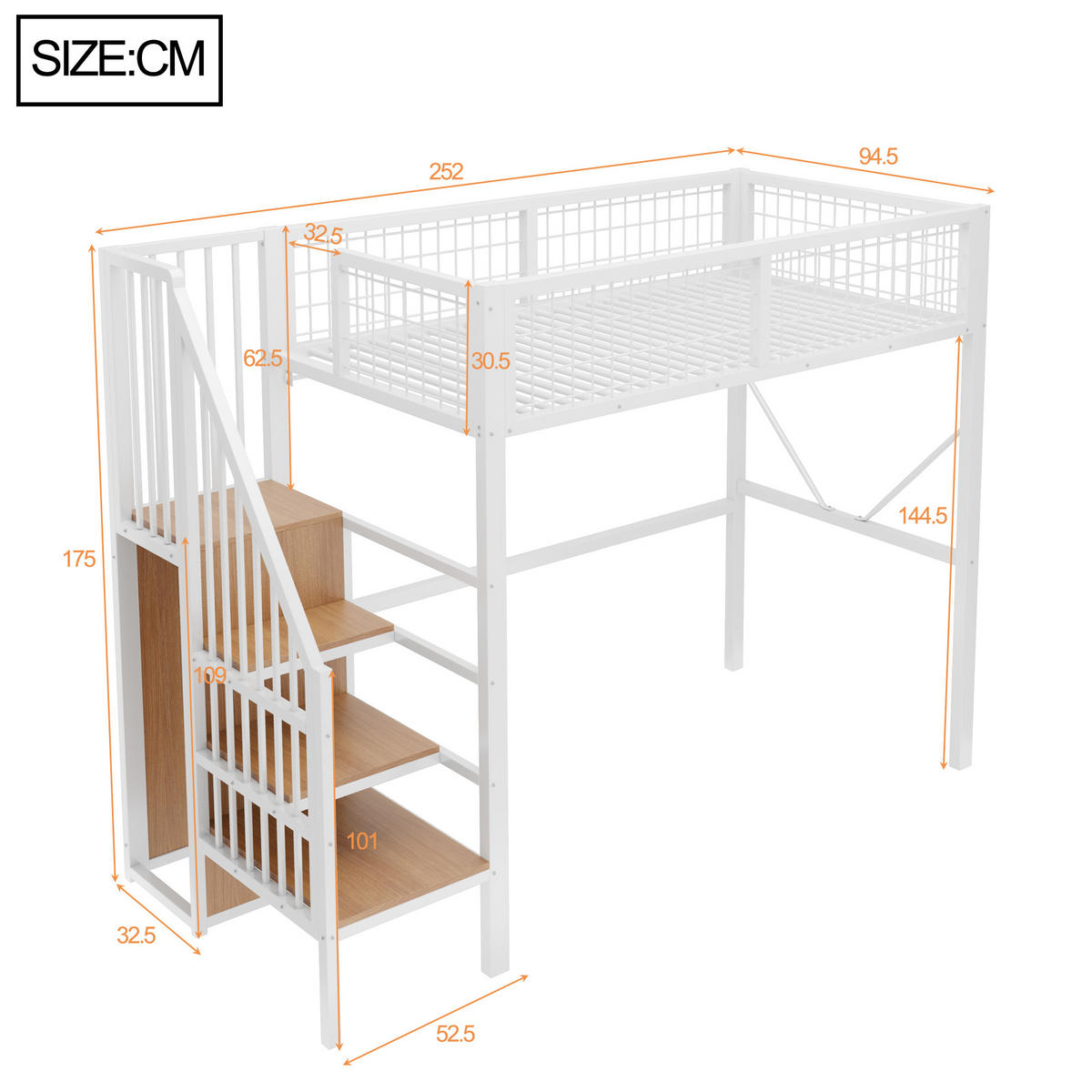 HOCHBETT 90/200 cm mit Stauraumleiter und LED, DE-41606, in Weiß - Weiß, Metall (90/200cm) - ComfortXL