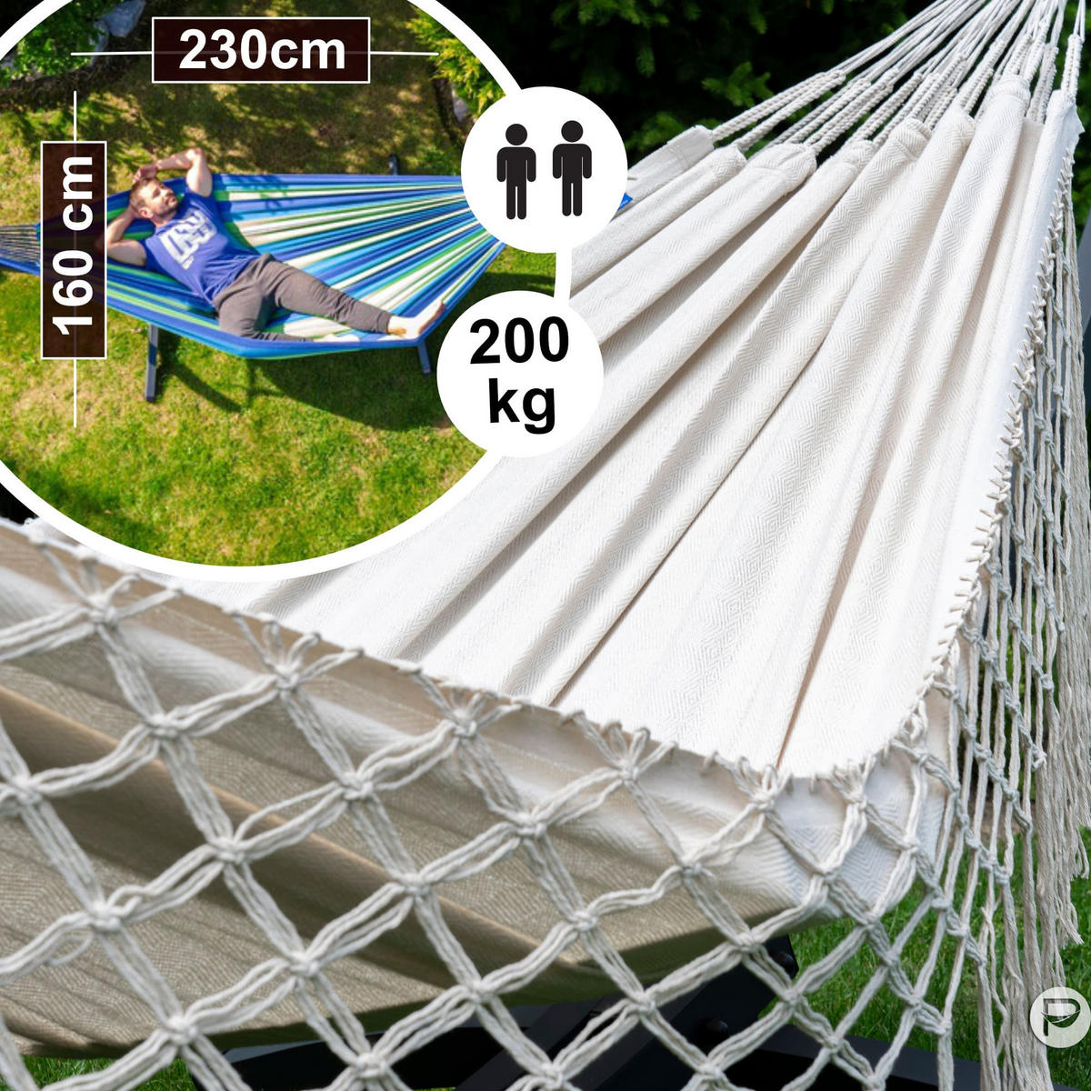 HÄNGEMATTE mit Gestell, 2 Personen, XXL, 200 kg, Metall, Medelin Boho Beige, einfache Montage - Ecru, Metall (370/130/120cm) - Potenza